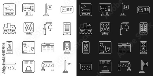 Set line Cafe and restaurant location, Information stand, Buy train ticket online, Road traffic signpost, Railroad crossing, Cargo wagon, Smoking area and Train station bell icon. Vector