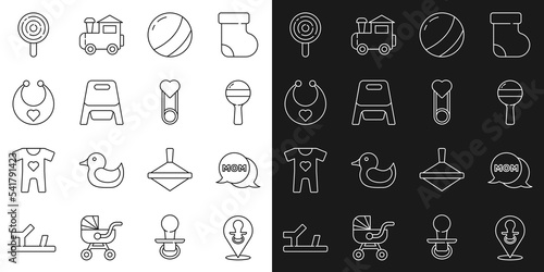 Set line Baby dummy pacifier, Speech bubble mom, Rattle baby toy, Beach ball, potty, bib, Lollipop and clothes pin icon. Vector