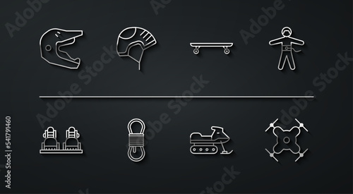 Set line Motocross motorcycle helmet, Snowboard, Bungee jumping, Snowmobile, Climber rope, Helmet, Drone flying and Longboard skateboard icon. Vector