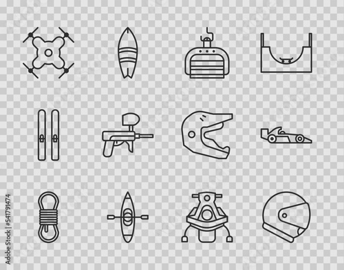 Set line Climber rope, Helmet, Ski lift, Kayak or canoe, Drone flying, Paintball gun, Snowmobile and Formula 1 racing car icon. Vector
