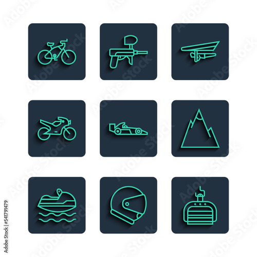 Set line Jet ski, Helmet, Ski lift, Hang glider, Formula 1 racing car, Motorcycle, Bicycle and Mountains icon. Vector