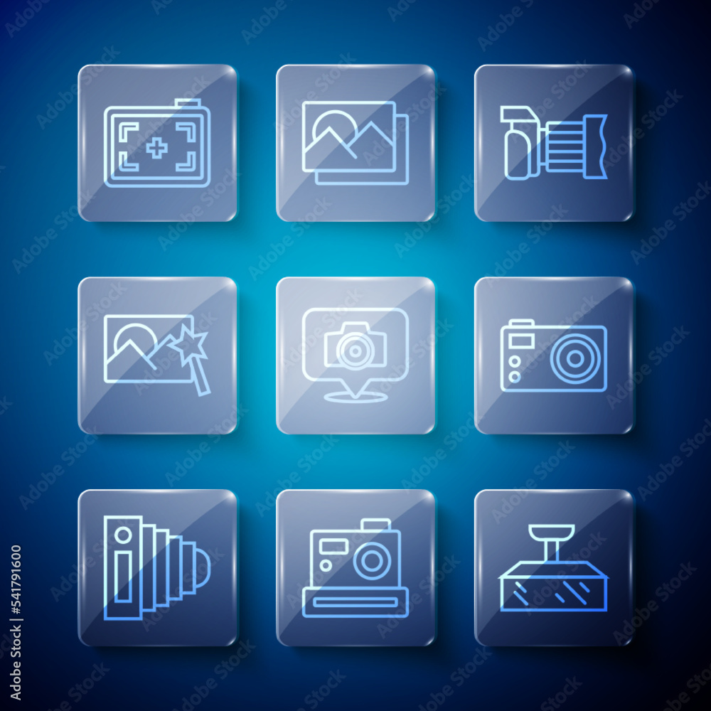 Set line Photo camera, Softbox light, retouching, and icon. Vector Set line Photo camera, Softbox light, retouching, and icon. Vector