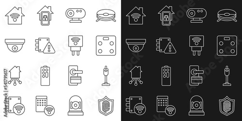 Set line Fingerprint, Vacuum cleaner, Smart bathroom scales, Web camera, House under protection, Motion sensor, home with wi-fi and electric plug icon. Vector