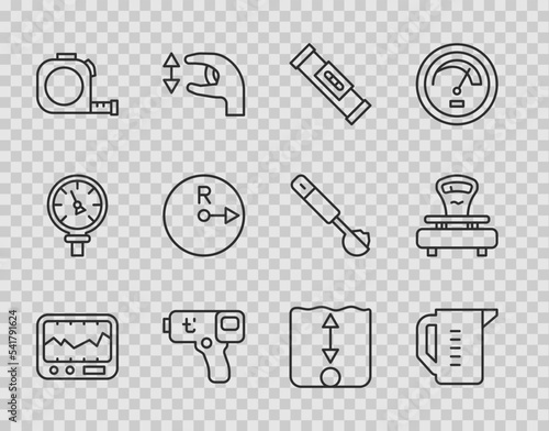 Set line Measuring instrument, cup, Construction bubble level, Digital thermometer, Roulette construction, Radius, Depth measurement and Scales icon. Vector