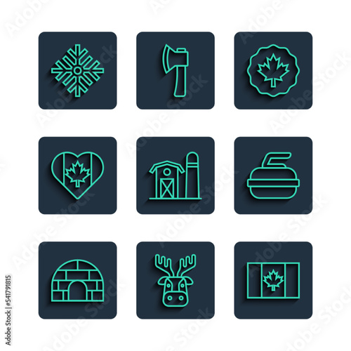 Set line Igloo ice house, Deer head with antlers, Flag of Canada, Canadian maple leaf, Farm, Heart shaped flag, Snowflake and Stone for curling icon. Vector