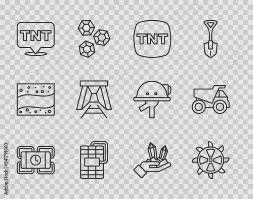 Set line Dynamite, Bucket wheel excavator, Mine entrance, Gem stone and Mining dump truck icon. Vector