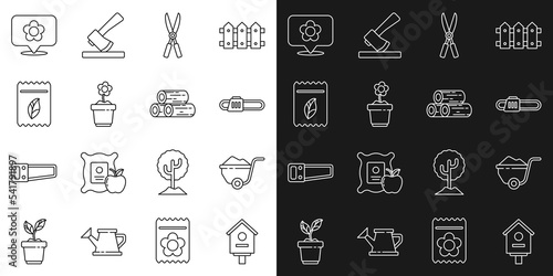 Set line Bird house, Wheelbarrow with dirt, Chainsaw, Gardening handmade scissors, Flower pot, Pack full of seeds of plant, Location flower and Wooden logs icon. Vector