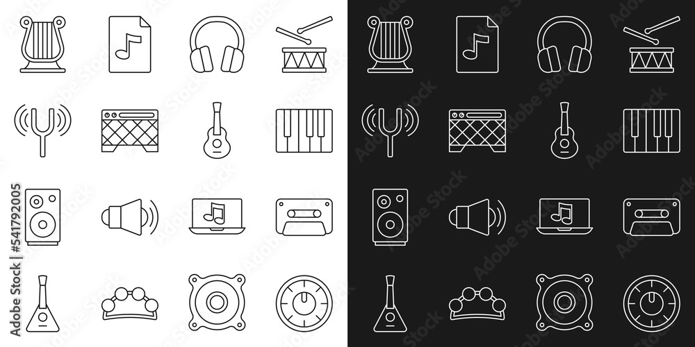 Set line Sound mixer controller, Retro audio cassette tape, Music synthesizer, Headphones, Guitar amplifier, Musical tuning fork, Ancient Greek lyre and icon. Vector
