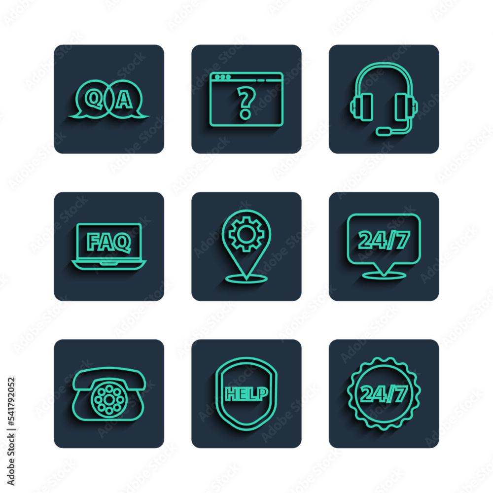 Set line Telephone, Shield with text Help, Clock 24 hours, Headphones, Location gear, Laptop and FAQ, Question Answer and icon. Vector Set line Telephone, Shield with text Help, Clock 24 hours, Headphones, Location gear, Laptop and FAQ, Question Answer and icon. Vector