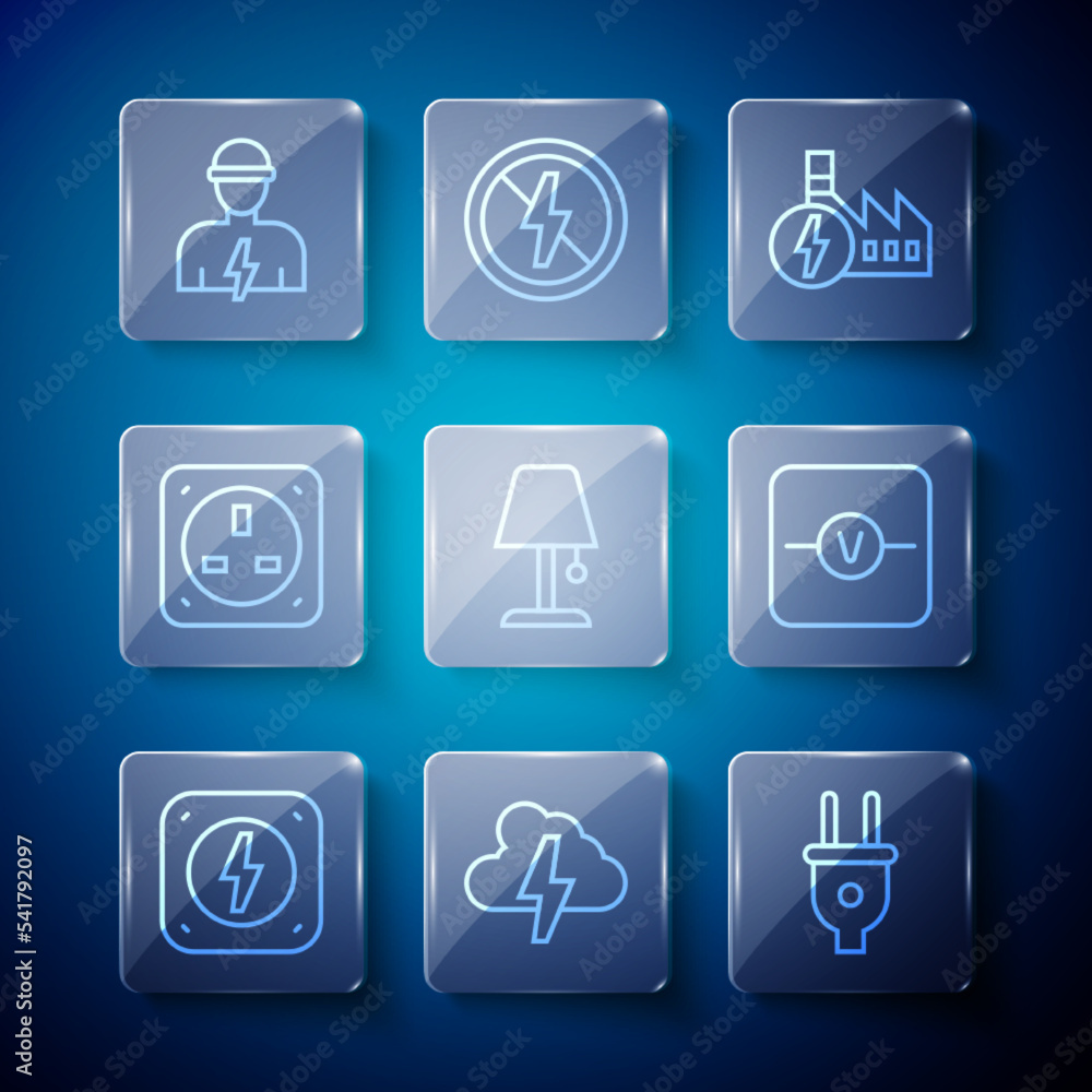 Set line Lightning bolt, Cloud and lightning, Electric plug, Nuclear power plant, Table lamp, Electrical outlet, Electrician and Voltmeter icon. Vector Set line Lightning bolt, Cloud and lightning, Electric plug, Nuclear power plant, Table lamp, Electrical outlet, Electrician and Voltmeter icon. Vector