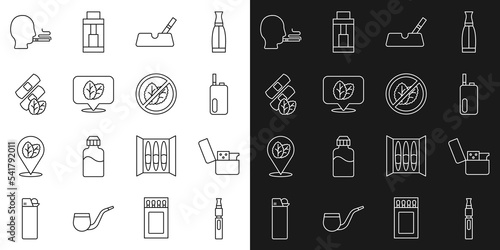 Set line Electronic cigarette, Lighter, Ashtray with, Tobacco leaf, Medical nicotine patches, Man smoking and No tobacco icon. Vector