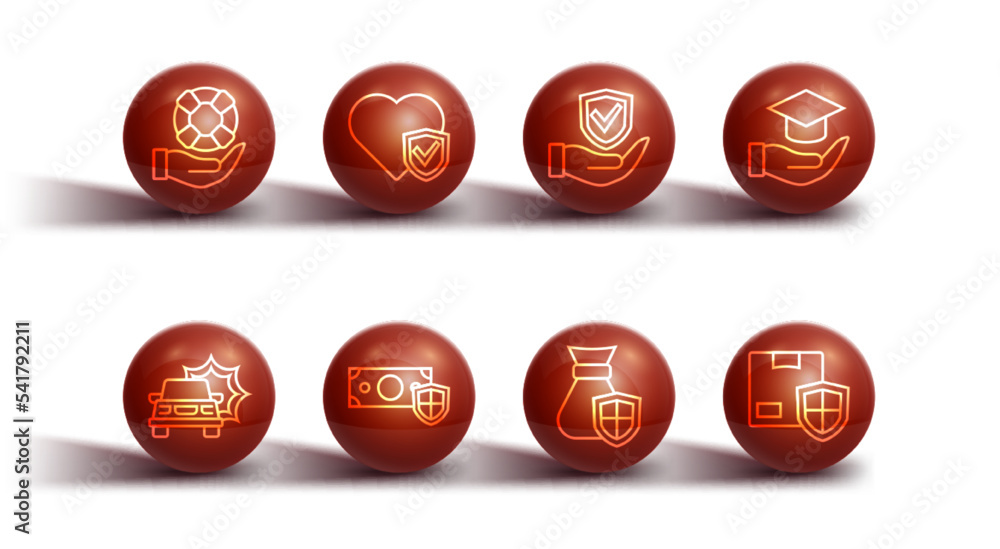Set line Lifebuoy in hand, Car accident, Education grant, Money bag with shield, insurance, Delivery security and Shield icon. Vector Set line Lifebuoy in hand, Car accident, Education grant, Money bag with shield, insurance, Delivery security and Shield icon. Vector
