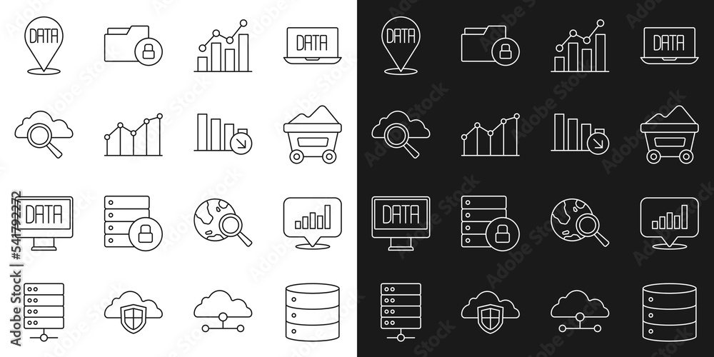 Set line Server, Pie chart infographic, Coal mine trolley, Search cloud computing, Data analysis and Financial growth decrease icon. Vector Set line Server, Pie chart infographic, Coal mine trolley, Search cloud computing, Data analysis and Financial growth decrease icon. Vector