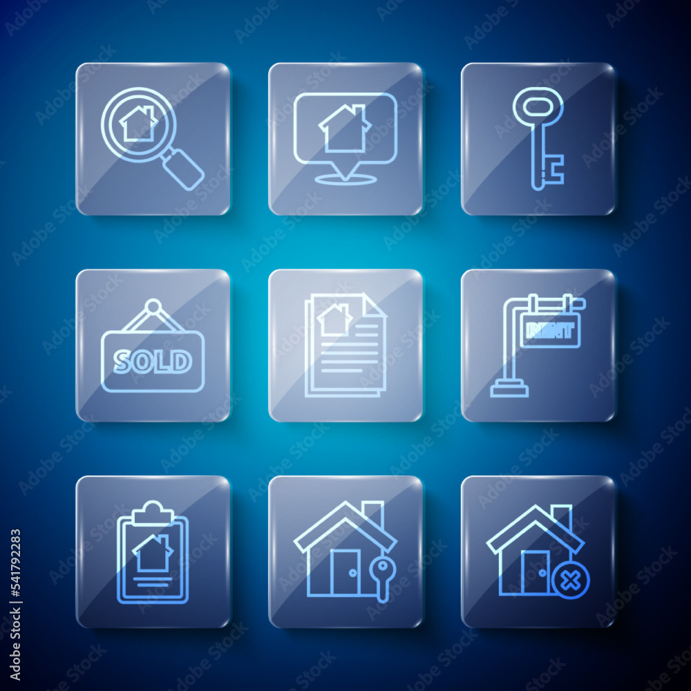 Set line House contract, with key, wrong mark, Hanging sign text Sold, Search house and Rent icon. Vector Set line House contract, with key, wrong mark, Hanging sign text Sold, Search house and Rent icon. Vector
