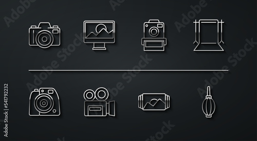 Set line Photo camera, Empty photo studio, frame, Retro cinema, retouching, Dust blower and icon. Vector