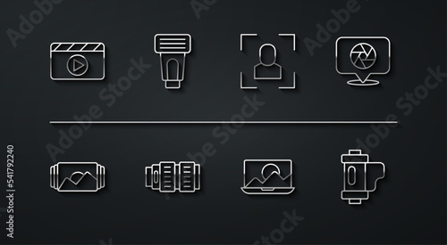 Set line Movie clapper, Photo frame, Camera shutter, retouching, photo lens, camera flash, film roll cartridge and focus line icon. Vector