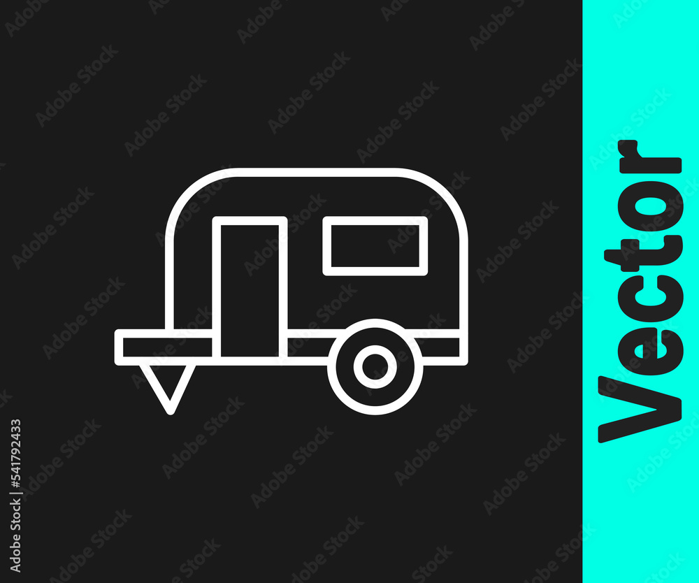 White line Rv Camping trailer icon isolated on black background. Travel mobile home, caravan, home camper for travel. Vector White line Rv Camping trailer icon isolated on black background. Travel mobile home, caravan, home camper for travel. Vector