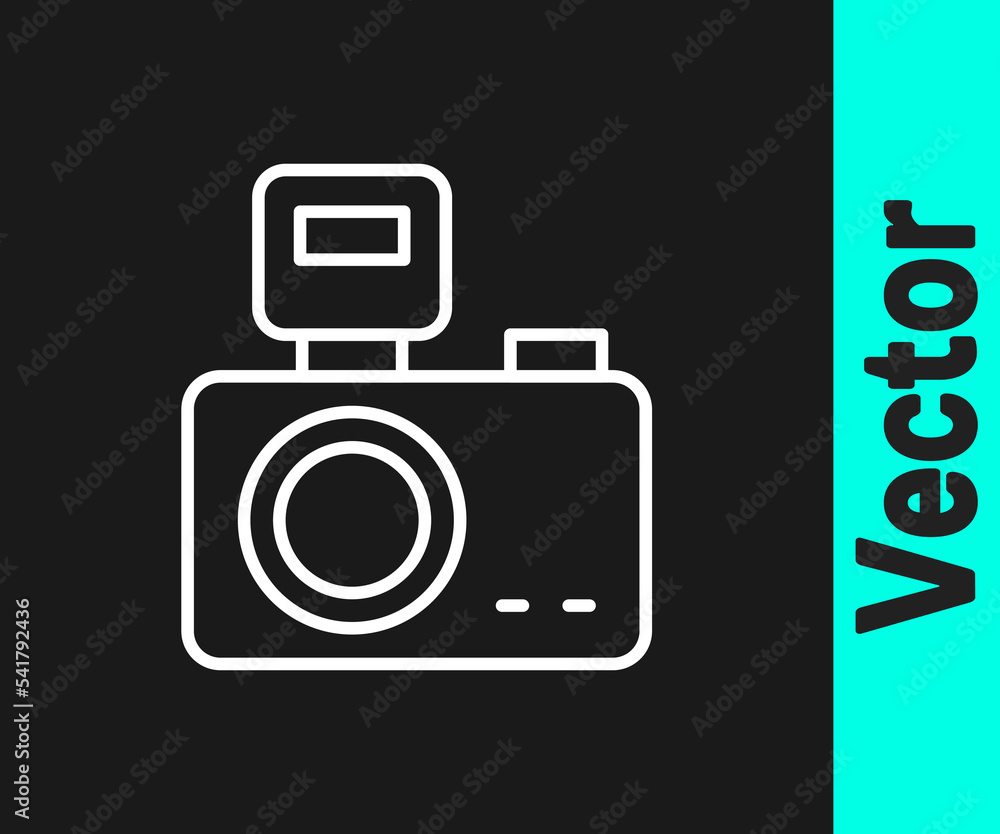 White line Photo camera with lighting flash icon isolated on black background. Foto camera. Digital photography. Vector White line Photo camera with lighting flash icon isolated on black background. Foto camera. Digital photography. Vector