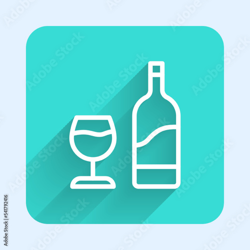 White line Wine bottle with glass icon isolated with long shadow. Green square button. Vector