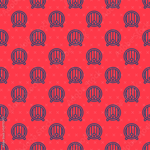 Blue line Wooden barrel icon isolated seamless pattern on red background. Alcohol barrel, drink container, wooden keg for beer, whiskey, wine. Vector