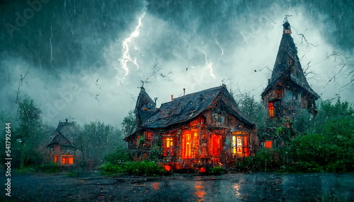 Spooky house spirits skulls bats rain colorful lightning. Digital art and Concept digital illustration.