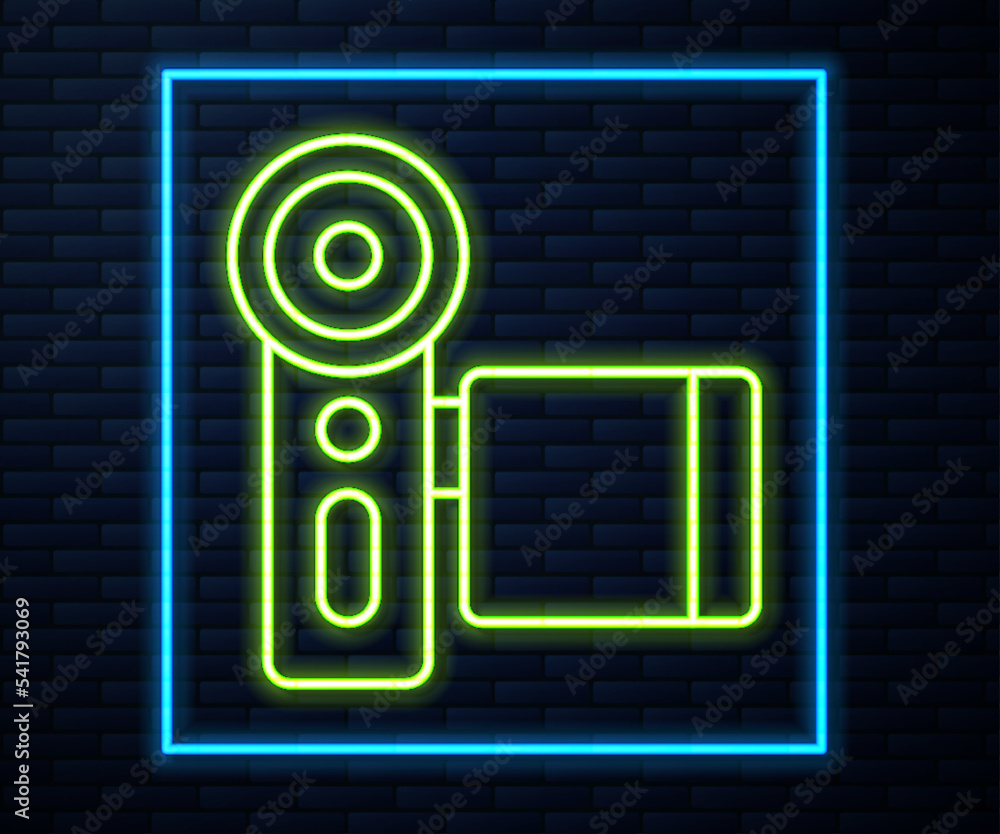 Glowing neon line Cinema camera icon isolated on brick wall background. Video camera. Movie sign. Film projector. Vector Glowing neon line Cinema camera icon isolated on brick wall background. Video camera. Movie sign. Film projector. Vector