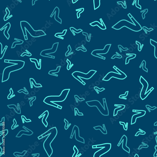 Green line Woman shoe with high heel icon isolated seamless pattern on blue background. Vector