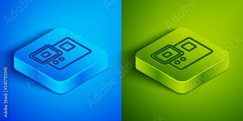 Isometric line Action extreme camera icon isolated on blue and green background. Video camera equipment for filming extreme sports. Square button. Vector