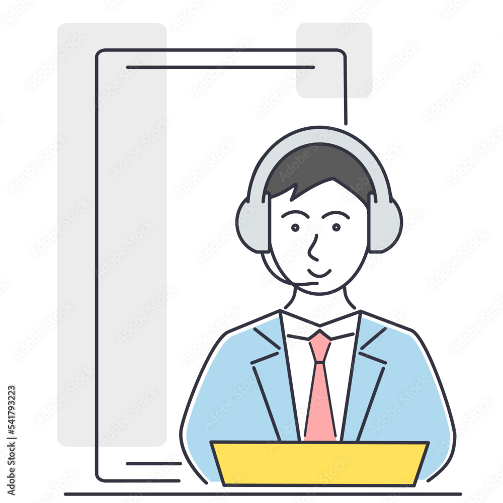 Vector illustration of a man working at a computer. Call center operator. Isolated. Vector illustration of a man working at a computer. Call center operator. Isolated.