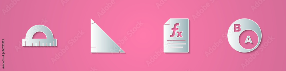 Set paper cut Protractor, Triangle math, Function mathematical symbol and Subsets, is subset of icon. Paper art style. Vector Set paper cut Protractor, Triangle math, Function mathematical symbol and Subsets, is subset of icon. Paper art style. Vector