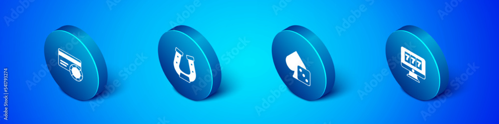 Set Isometric Credit card, Game dice, Online slot machine with jackpot and Horseshoe icon. Vector Set Isometric Credit card, Game dice, Online slot machine with jackpot and Horseshoe icon. Vector