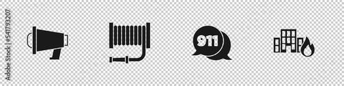Set Megaphone, Fire hose reel, Telephone call 911 and in burning buildings icon. Vector