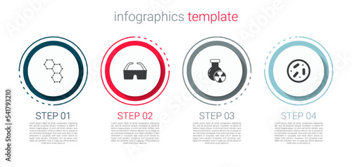 Set Chemical formula, Safety goggle glasses, Test tube radiation and Petri dish with bacteria. Business infographic template. Vector