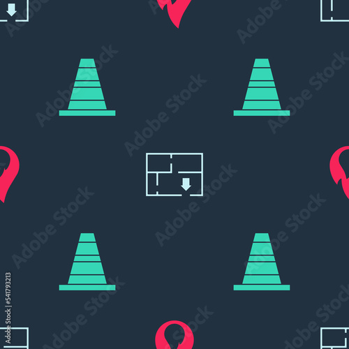 Set Fire flame, Evacuation plan and Traffic cone on seamless pattern. Vector