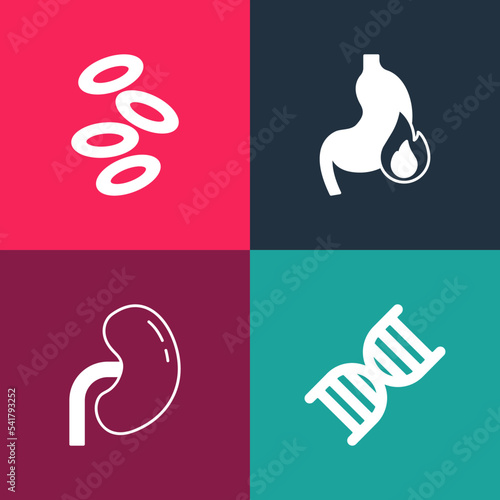 Set pop art DNA symbol, Human kidney, Stomach heartburn and Hemoglobin icon. Vector