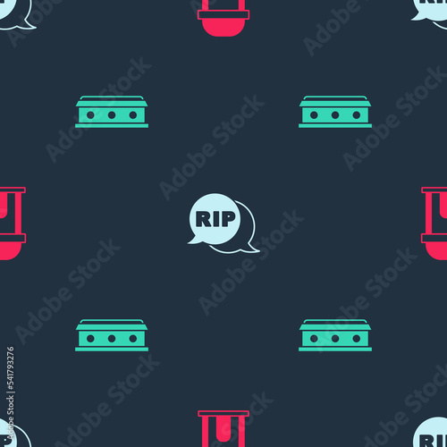Set Old crypt, Speech bubble rip death and Coffin with cross on seamless pattern. Vector