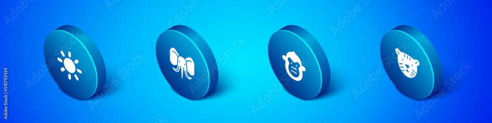 Set Isometric Sun, Monkey, Tiger head and Elephant icon. Vector Set Isometric Sun, Monkey, Tiger head and Elephant icon. Vector