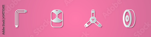Set paper cut Tool allen keys, Baseball cap, Skateboard Y-tool and bearing icon. Paper art style. Vector