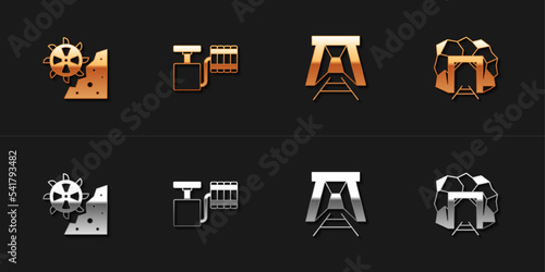 Set Bucket wheel excavator, Handle detonator, Mine entrance and icon. Vector