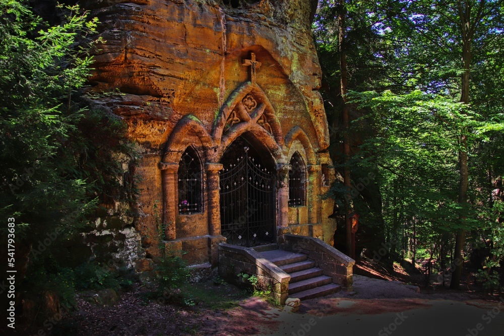A chapel carved into the huge rock at Modlivy dul, Czech republic