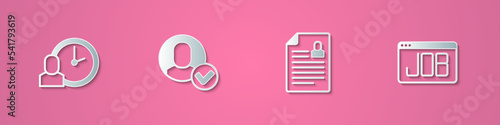 Set paper cut Work time, Worker, Resume and Search job icon. Paper art style. Vector