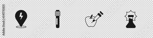 Set Lightning bolt, Test tube, Genetically modified apple and Explosion the flask icon. Vector