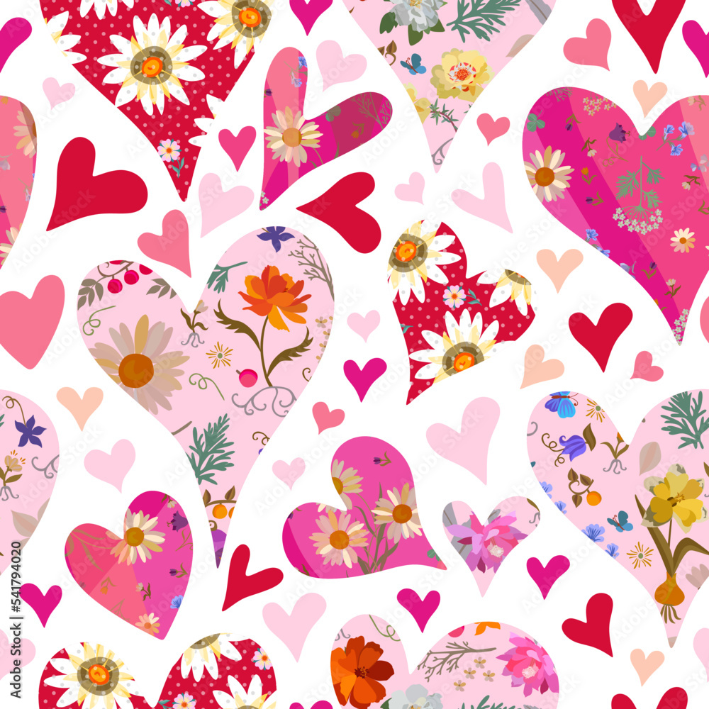 Beautiful seamless patchwork pattern with hearts with flowers. Romantic vector design for Valentines day
