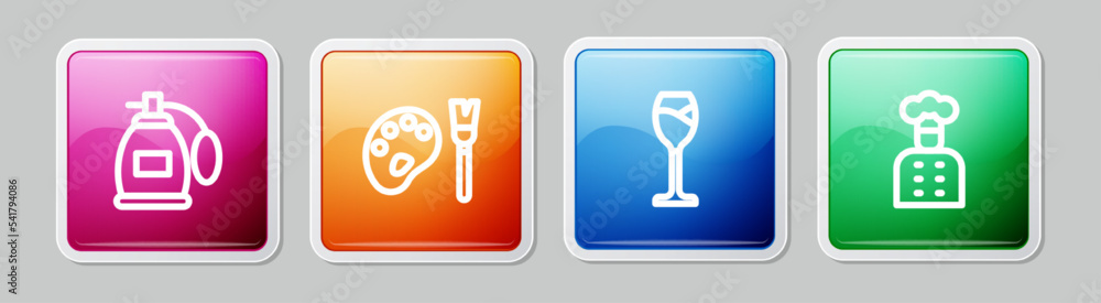 Set line Perfume, Paint brush with palette, Wine glass and Italian cook. Colorful square button. Vector Set line Perfume, Paint brush with palette, Wine glass and Italian cook. Colorful square button. Vector