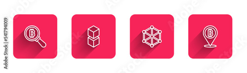 Set line Magnifying glass with Bitcoin, Blockchain technology, and with long shadow. Red square button. Vector