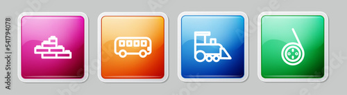 Set line Toy building block bricks, Bus toy, train and Yoyo. Colorful square button. Vector