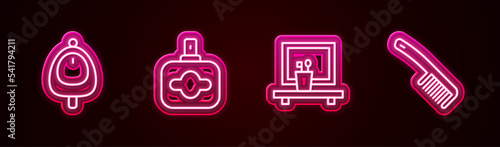 Set line Toilet urinal or pissoir, Perfume, Washbasin mirror and Hairbrush. Glowing neon icon. Vector