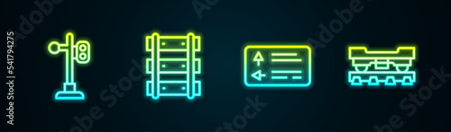 Set line Train traffic light, Railway, railroad track, Road signpost and Cargo train wagon. Glowing neon icon. Vector