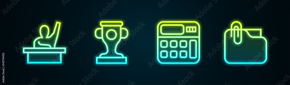 Set line Male kid raising hand, Award cup, Calculator and Document folder with clip. Glowing neon icon. Vector Set line Male kid raising hand, Award cup, Calculator and Document folder with clip. Glowing neon icon. Vector