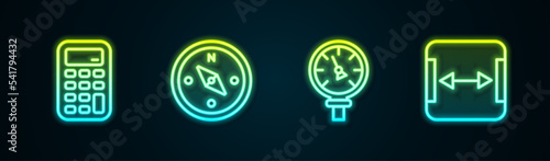 Set line Calculator, Compass, Pressure water meter and Area measurement. Glowing neon icon. Vector